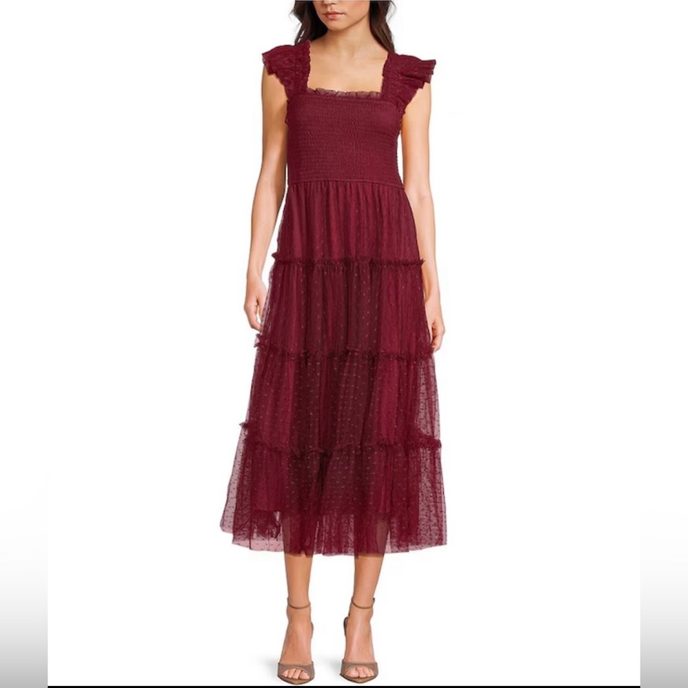 Blu Pepper Burgundy Lace Square Neck Sleeveless Tiered Midi Dress